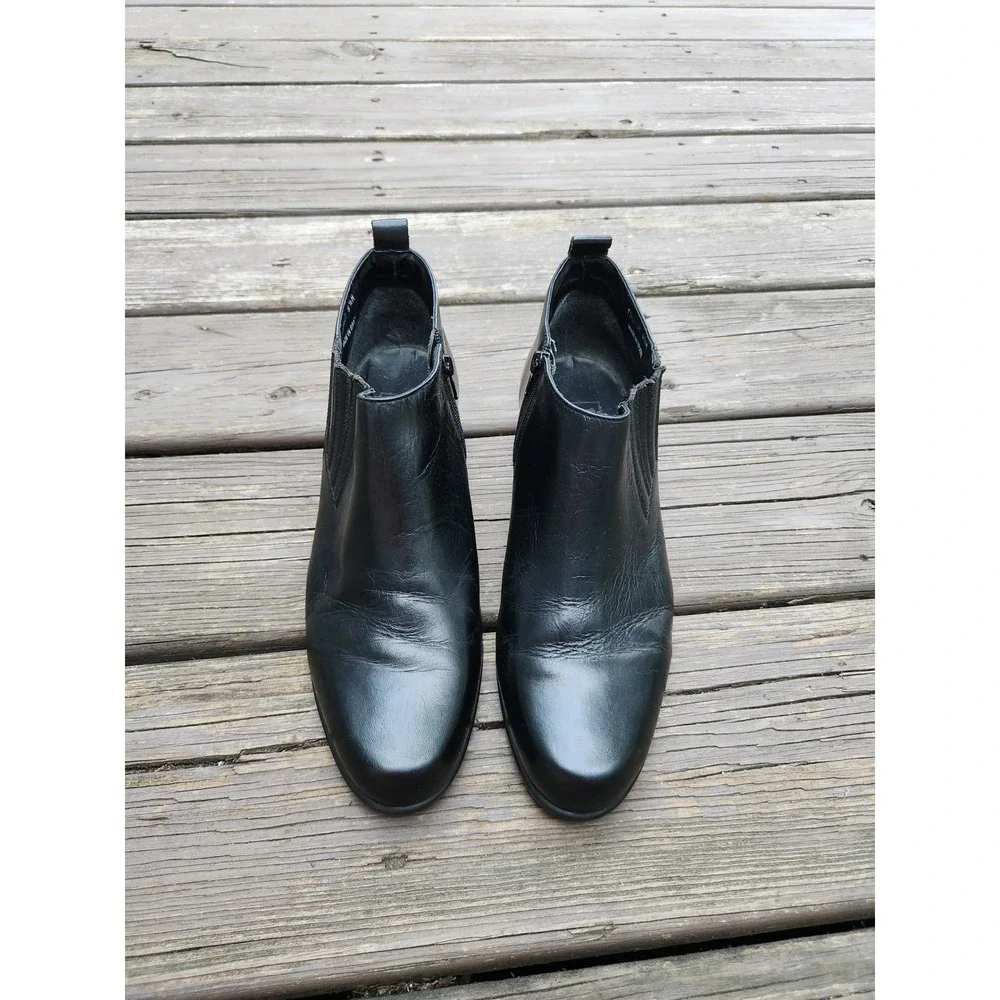 Vintage Lee Riveted Tucker Ankle Boots Black Leather Block Heel Zip Up Size 9.5M